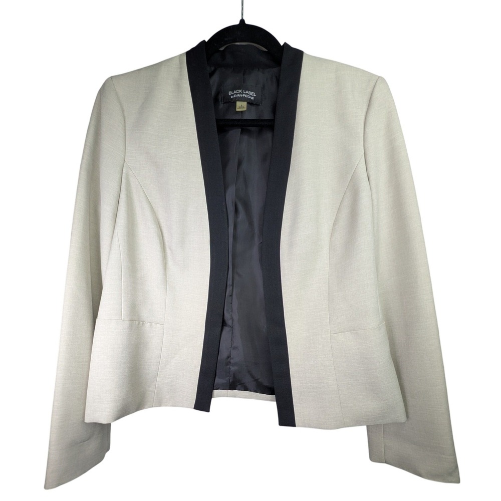 Black Label by Evan-Picone Womens Blazer Jacket Sz 8 Beige Black Trim Open Front